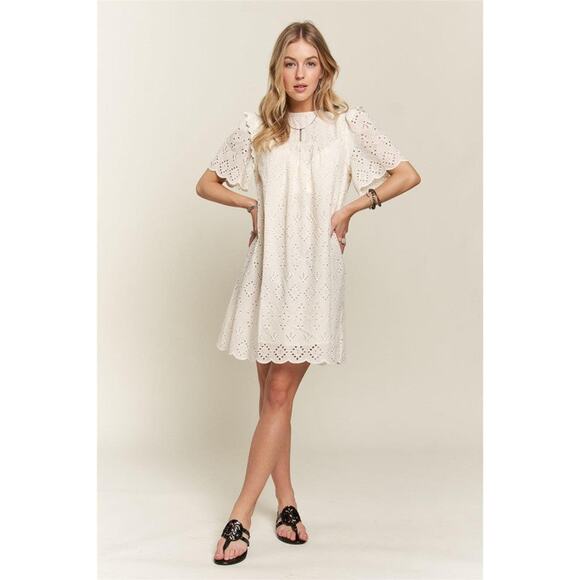 ADORA Ruffle Shoulder Eyelet Round Neck Scallop Edge Detail Mini Dress | Natural - Picture 8 of 8